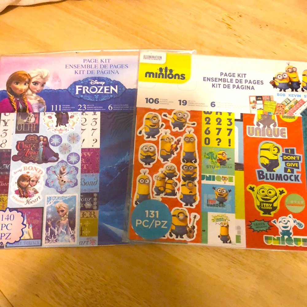 Scrapbooking page kits. Minions and Disney Frozen. New sealed.